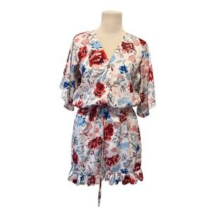 EXLURA Women's Floral Print Ruffle Hem Romper Short Sleeve Elastic Waist Size M